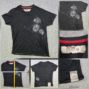 Zoo York Shirt Mens Medium Black V Neck Skull Graphic Skateboard Tee Streetwear